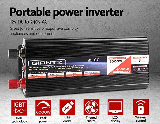 Power Inverter, Giant 2000W 12V To 240V Car Inverter